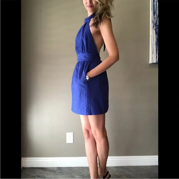 Betsey Johnson Blue Eyelet Halter Backless Mini Cocktail Garden Wrap Dress Sz 10 - Picture 2 of 13